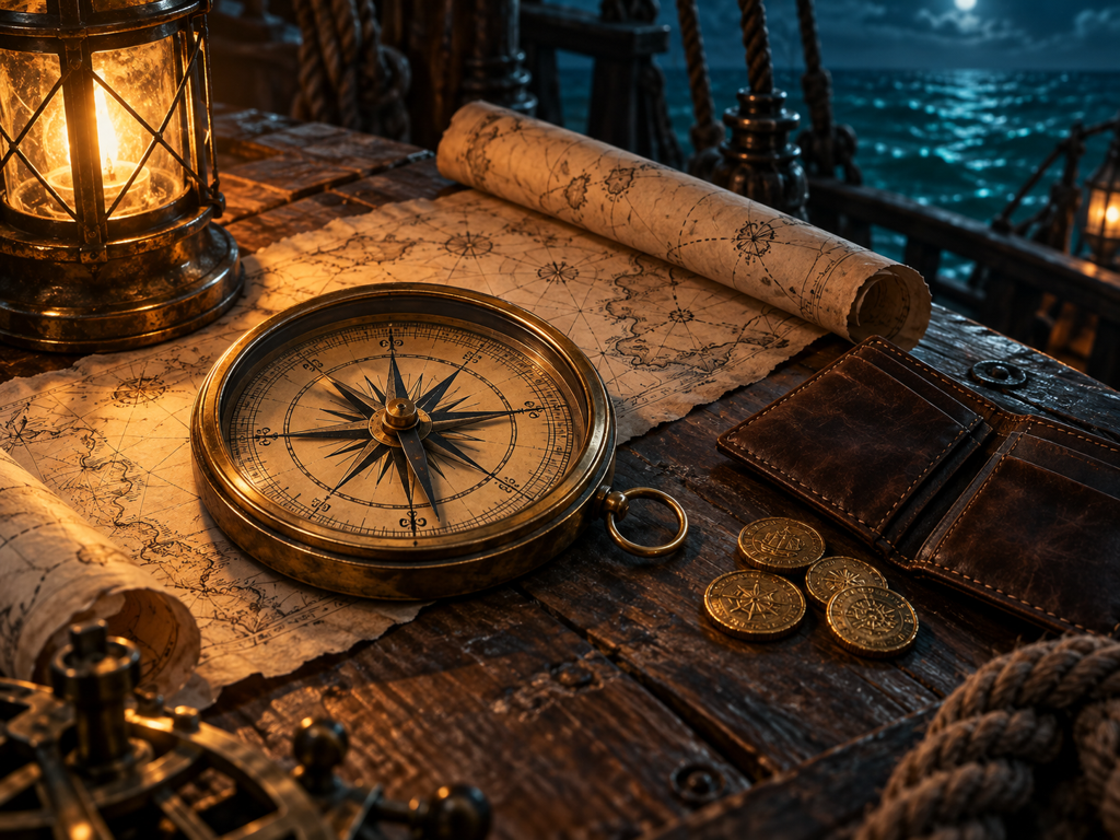 Nautical charts, compass and travel wallet