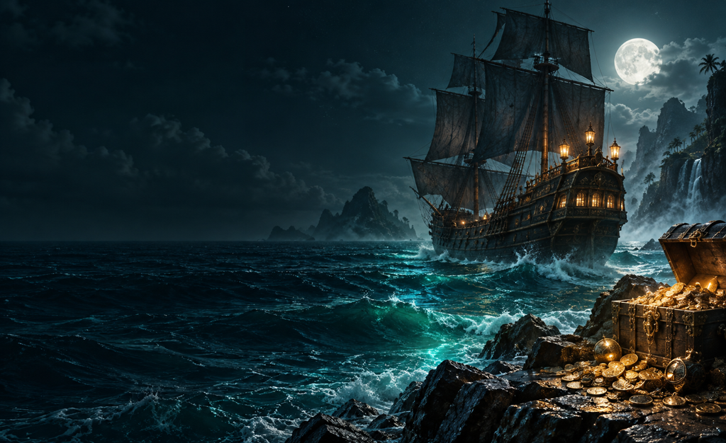 Piratenschiff auf smaragdgrüner See im Mondlicht